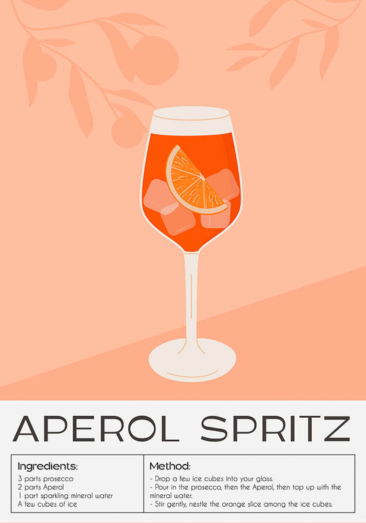 アペロール・スプリッツのレシピを描いたエレガントなポスター。オリーブの枝模様が描かれた桃色の背景に、ワイングラスに入ったオレンジ色の象徴的なドリンクとオレンジのスライスが添えられている。