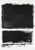 Abstract black and white poster with two bold black rectangles, rough brushstrokes, and a textured white background. Minimalist and expressionist style.