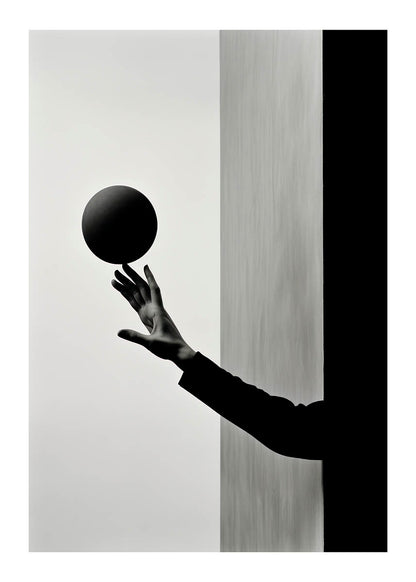 Black and white photograph of a hand holding a dark sphere, juxtaposed against contrasting vertical backgrounds.
