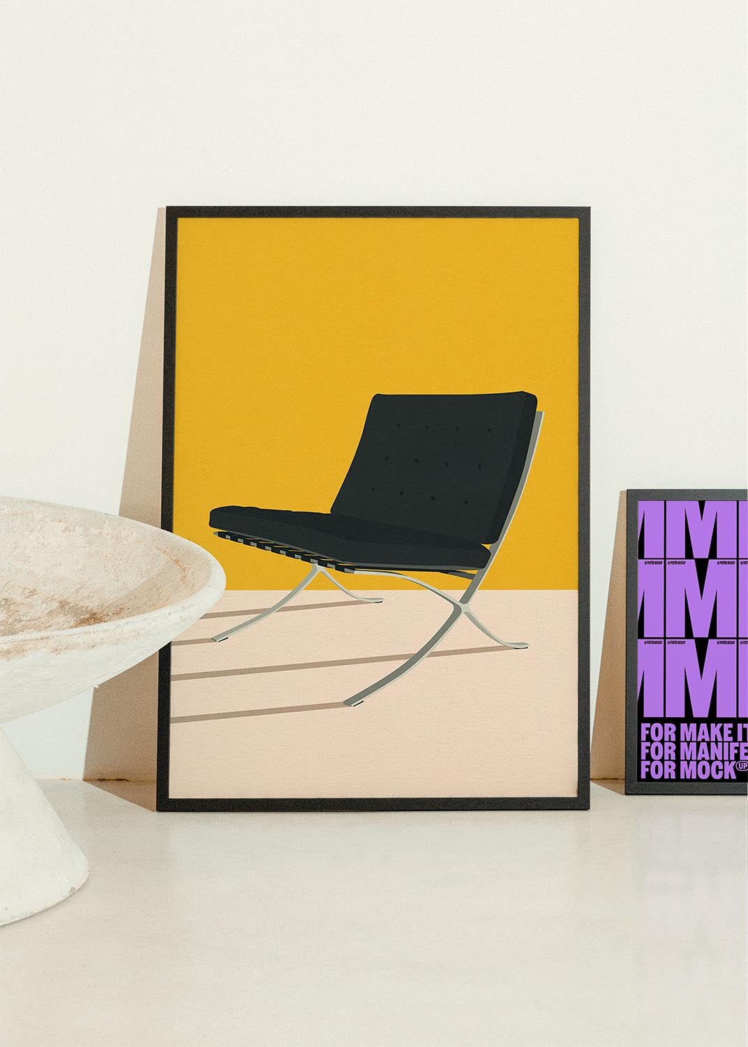 Illustration of a modern black Barcelona chair with metal legs, set against a bold yellow background and light pink floor in a minimalist art style.