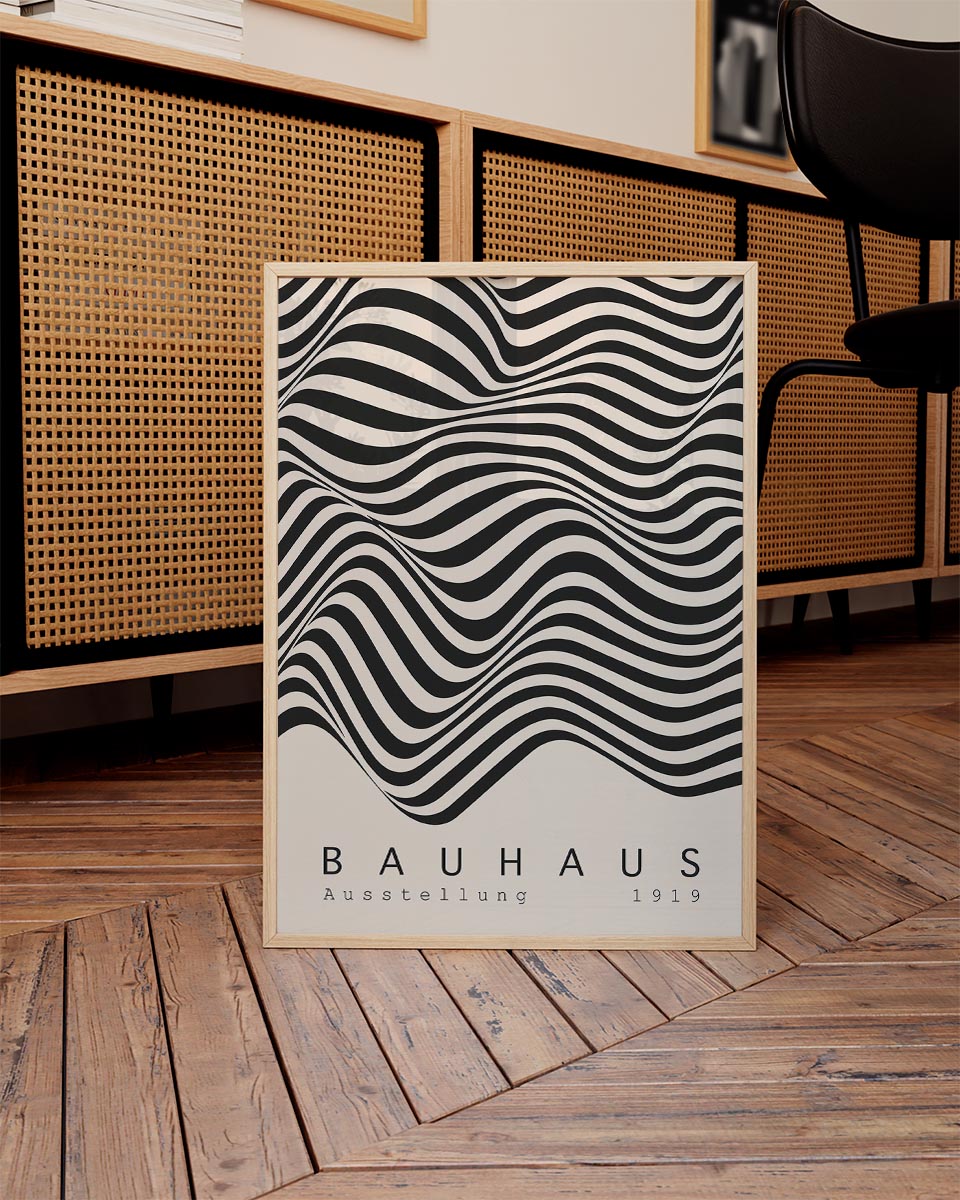 Bauhaus 1919 exhibition poster with black and white wave patterns and bold typography.