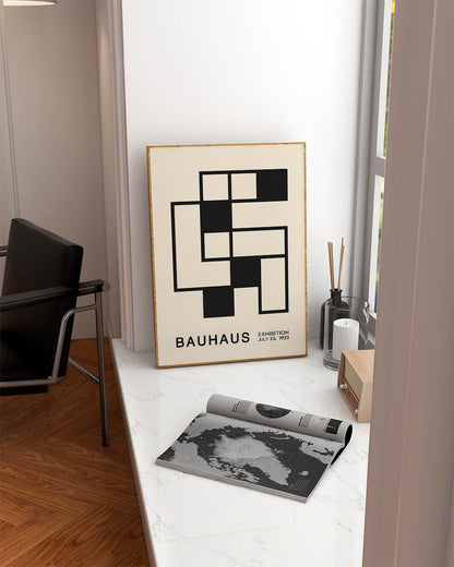 Bauhaus 1923 exhibition poster featuring a beige background with black and beige geometric shapes and bold typography.