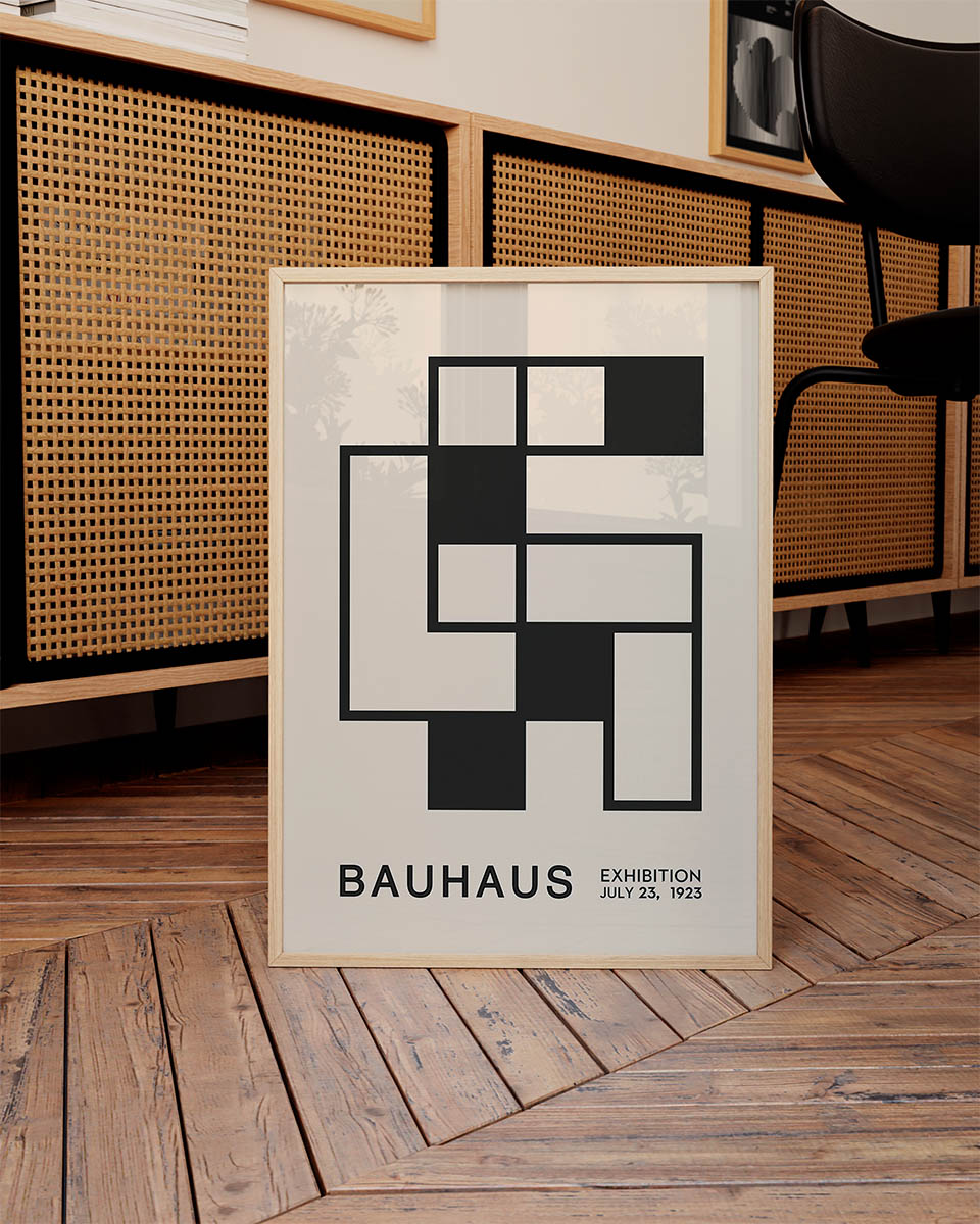 Bauhaus 1923 exhibition poster featuring a beige background with black and beige geometric shapes and bold typography.