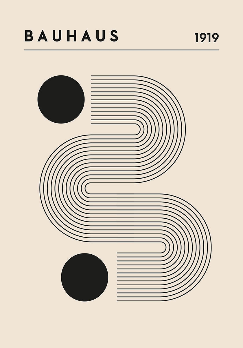 1919 Bauhaus poster with a beige background, showcasing black concentric curves and two solid black circles, topped with 'BAUHAUS' text.