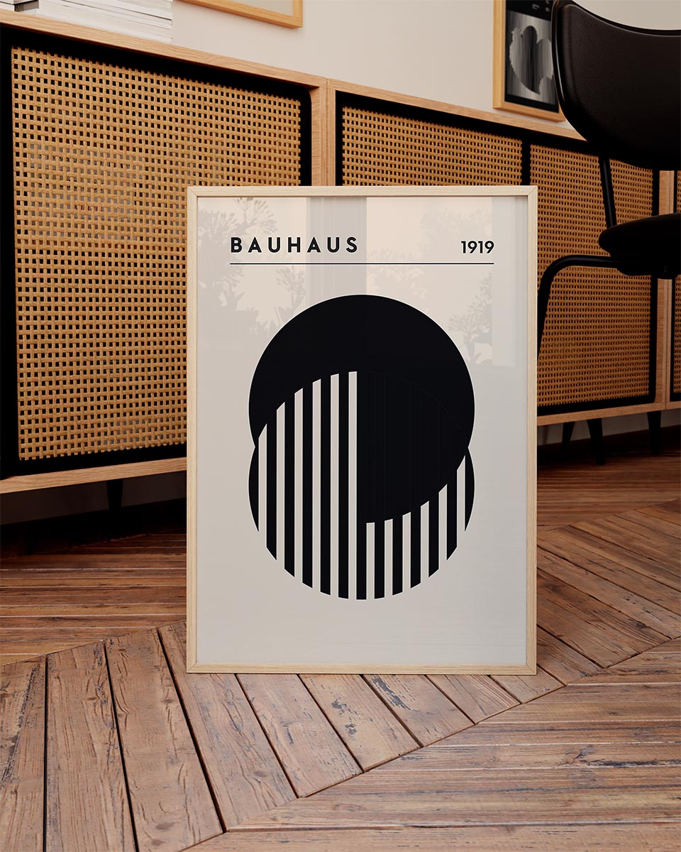 Bauhaus-inspired modern poster showcasing a black half-circle with vertical white stripes on a beige background with the text 'BAUHAUS 1919' at the top.