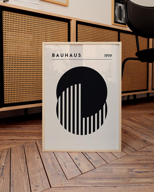 Bauhaus-inspired modern poster showcasing a black half-circle with vertical white stripes on a beige background with the text 'BAUHAUS 1919' at the top.