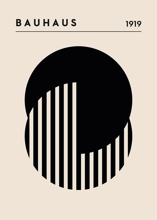 Bauhaus-inspired modern poster showcasing a black half-circle with vertical white stripes on a beige background with the text 'BAUHAUS 1919' at the top.
