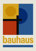 Bauhaus-style poster featuring geometric shapes in primary colors with bold black lines and yellow "bauhaus" text on a modern minimalist background.