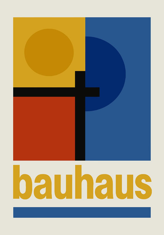 Bauhaus-style poster featuring geometric shapes in primary colors with bold black lines and yellow "bauhaus" text on a modern minimalist background.