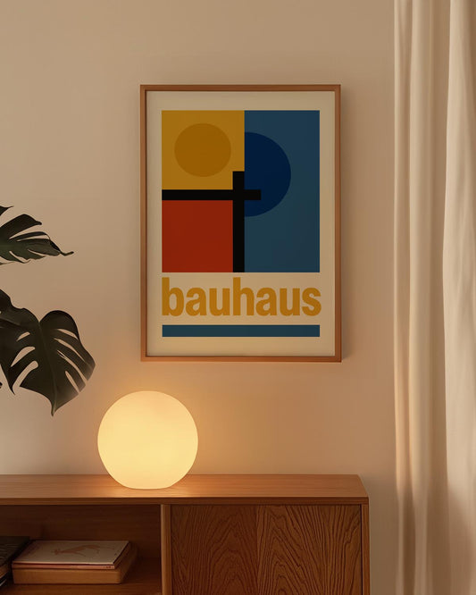 Bauhaus-style poster featuring geometric shapes in primary colors with bold black lines and yellow "bauhaus" text on a modern minimalist background.
