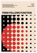 Modernist poster featuring geometric black and red circles in a Bauhaus-inspired grid on a beige background with the phrase “Form Follows Function.”