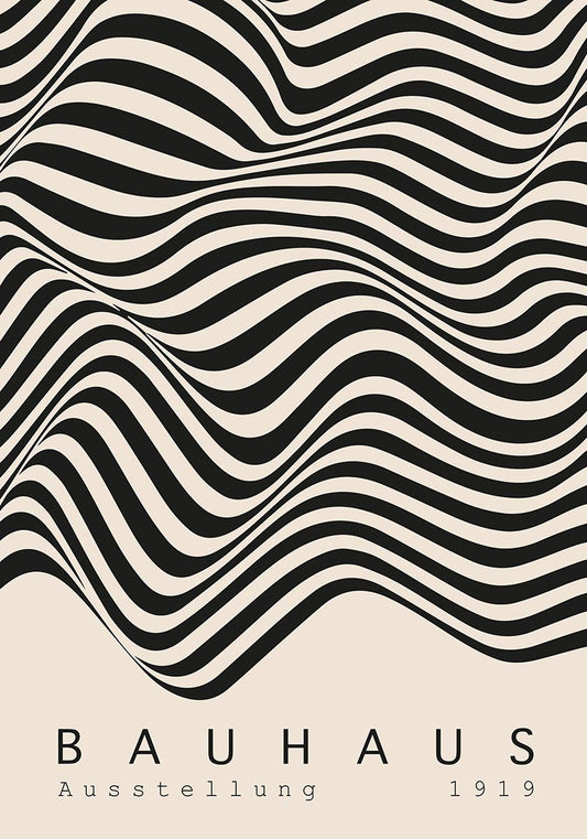 白黒の波模様と大胆なタイポグラフィが特徴のバウハウス1919年展ポスター。