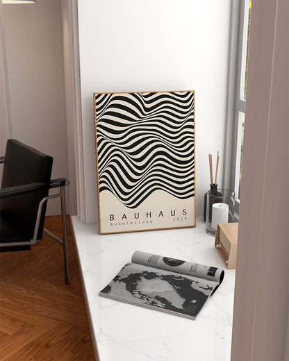 Bauhaus 1919 exhibition poster with black and white wave patterns and bold typography.