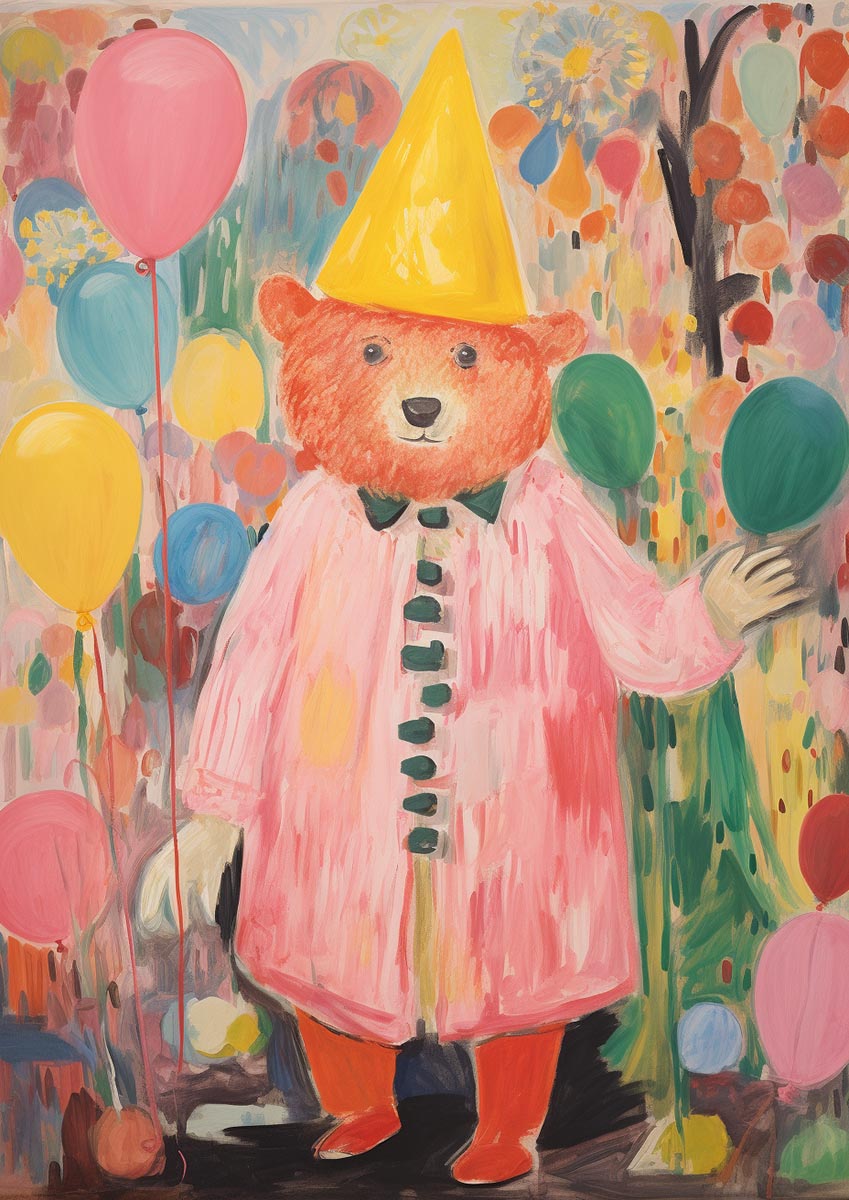 Illustration of a red bear wearing a yellow party hat and pink coat, holding balloons, set against a pastel-colored background filled with abstract shapes and more balloons, ideal for children's room decor.