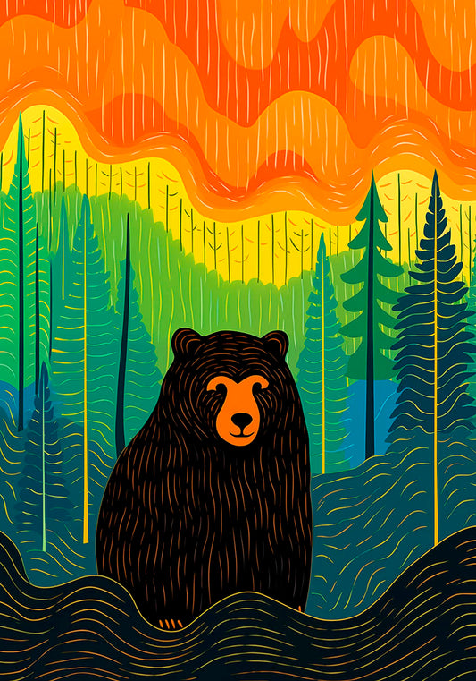 Colorful illustrated poster featuring a bear in a vivid wilderness setting with orange skies, green hills, and pine trees.