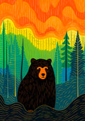Colorful illustrated poster featuring a bear in a vivid wilderness setting with orange skies, green hills, and pine trees.