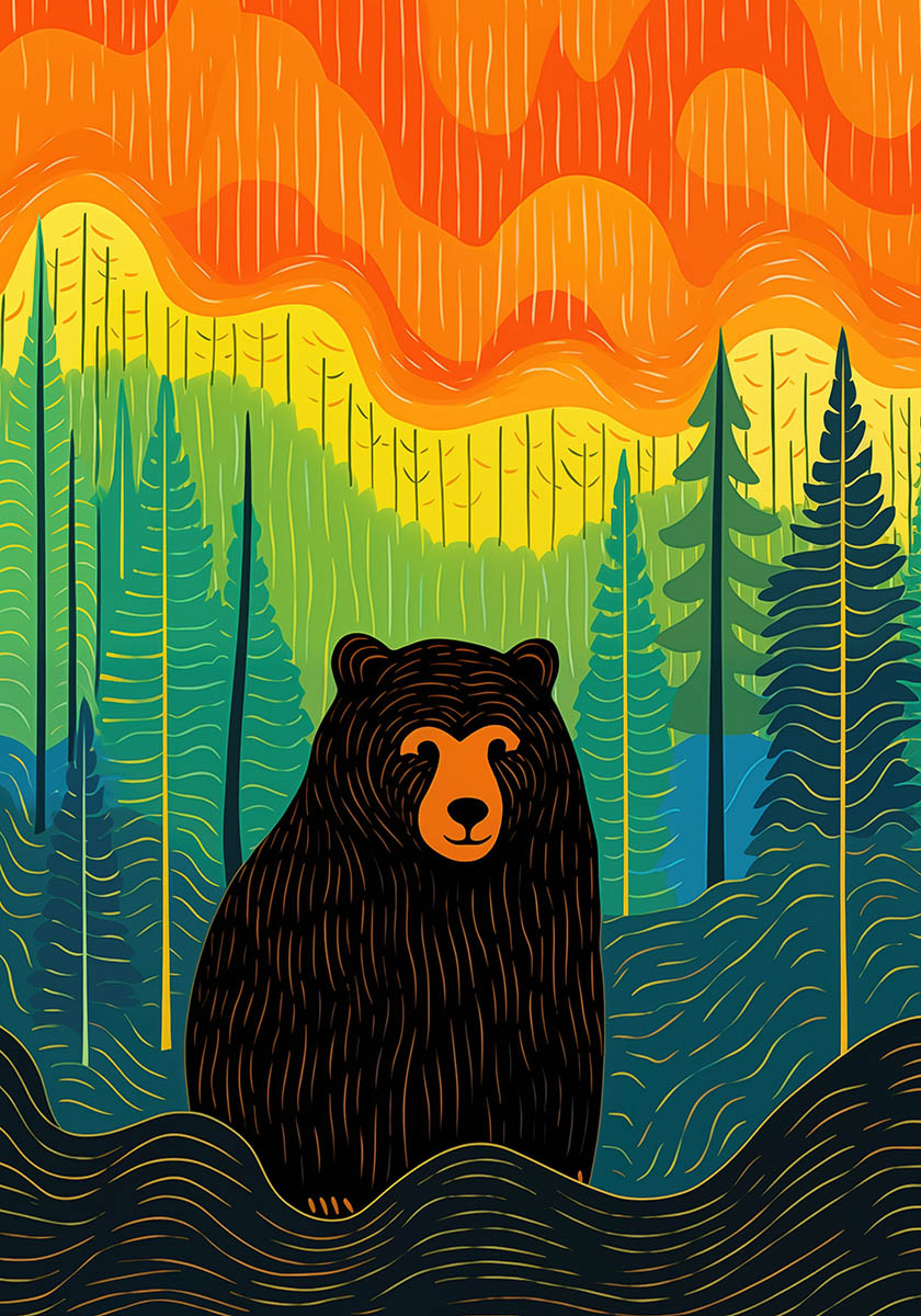 Colorful illustrated poster featuring a bear in a vivid wilderness setting with orange skies, green hills, and pine trees.