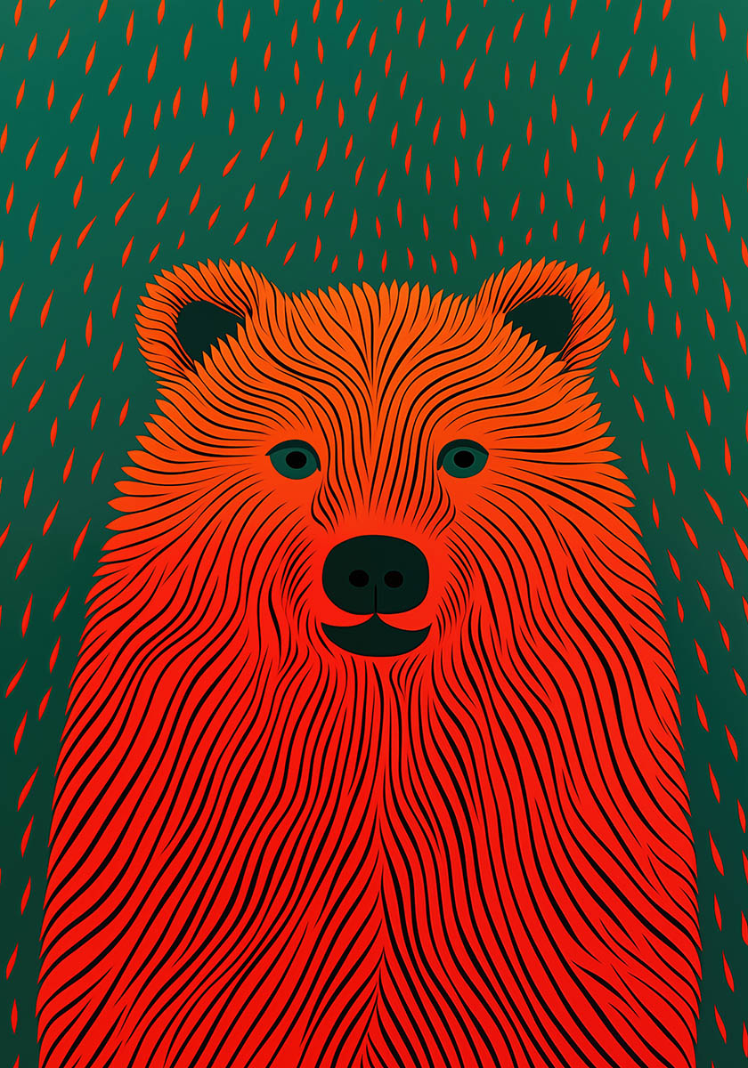 Vivid red bear illustration on a green background with raindrop patterns, ideal for kids' room decor.
