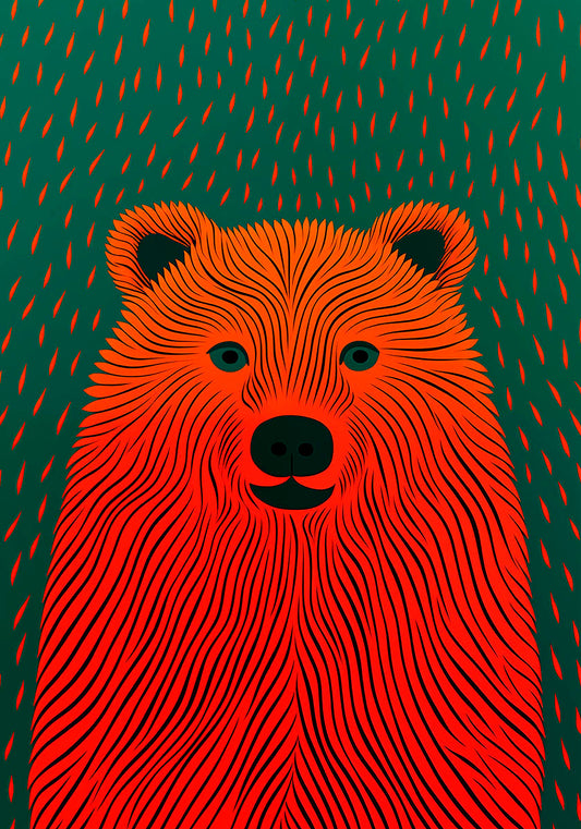 Vivid red bear illustration on a green background with raindrop patterns, ideal for kids' room decor.