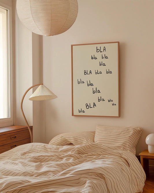 Hand-drawn typography poster featuring the repeated phrase "bla bla bla" in varying sizes, arranged in a playful, cascading pattern on a light background.