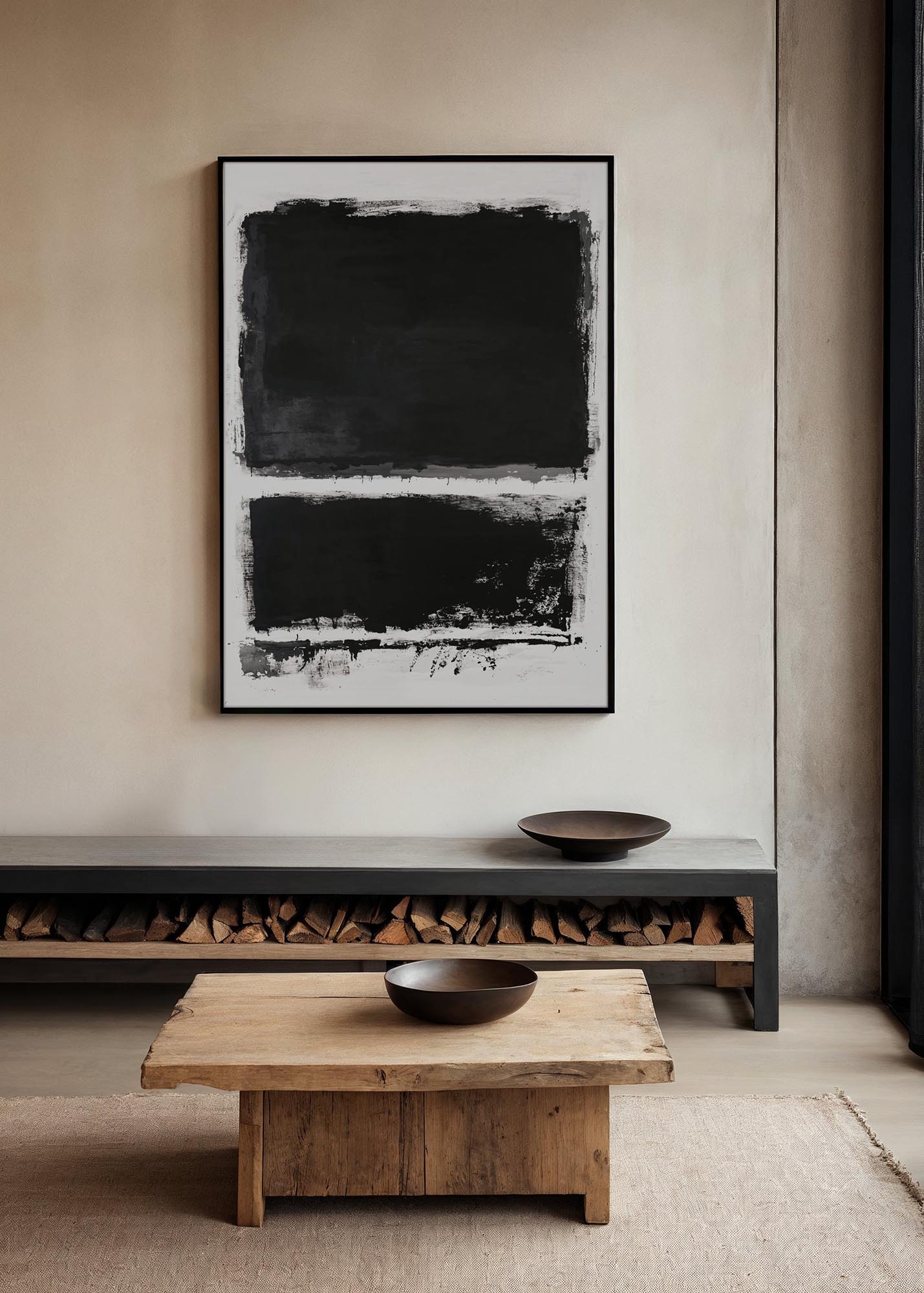 Abstract black and white painting with two bold black rectangles, rough brushstrokes, and a textured white background. Minimalist and expressionist style.