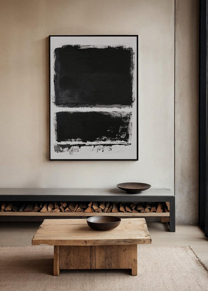 Abstract black and white painting with two bold black rectangles, rough brushstrokes, and a textured white background. Minimalist and expressionist style.