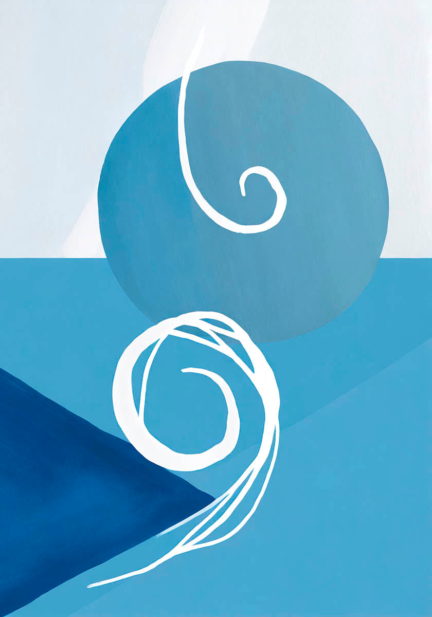 Abstract poster featuring swirling white patterns on blue gradients