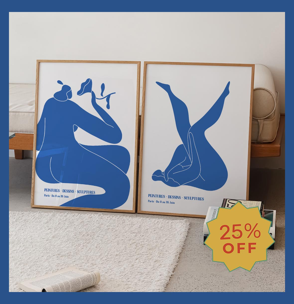 "Abstract blue silhouette posters of human forms titled 'Blue I and Blue II' in wooden frames with a 25% off discount badge, set in a modern home decor setting.