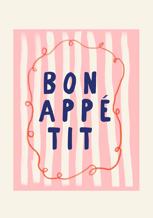 A poster with a light pink background featuring the phrase "Bon Appétit" in the center in large, dark blue letters. The background has a subtle white brushstroke pattern, and a whimsical orange line mimics the outline of an ornate frame, looping around the phrase playfully.