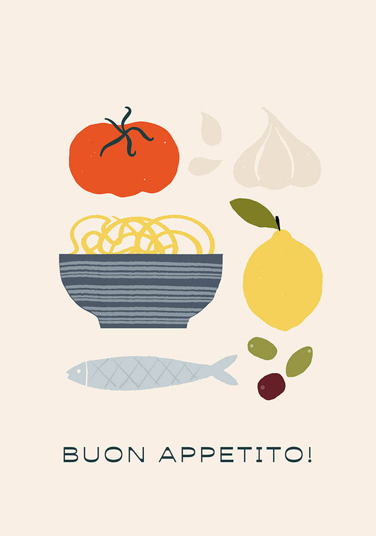 Buon Appetito kitchen poster featuring Italian cuisine ingredients - tomato, garlic, spaghetti, lemon, olives, and fish illustration with Italian greeting text