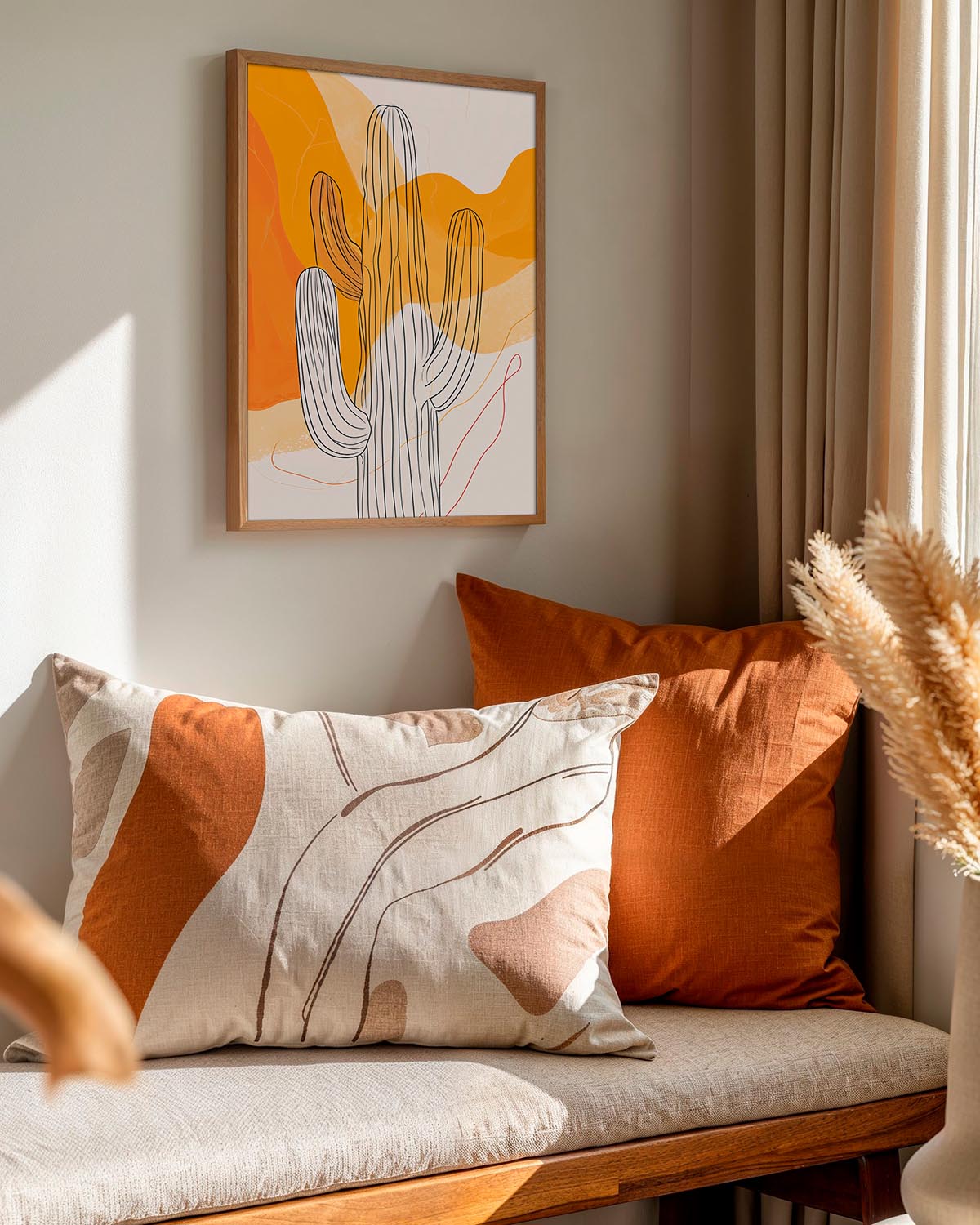 An abstract art poster featuring stylized line art of cacti set against a backdrop of warm amber and soft cream colors with subtle texture details.