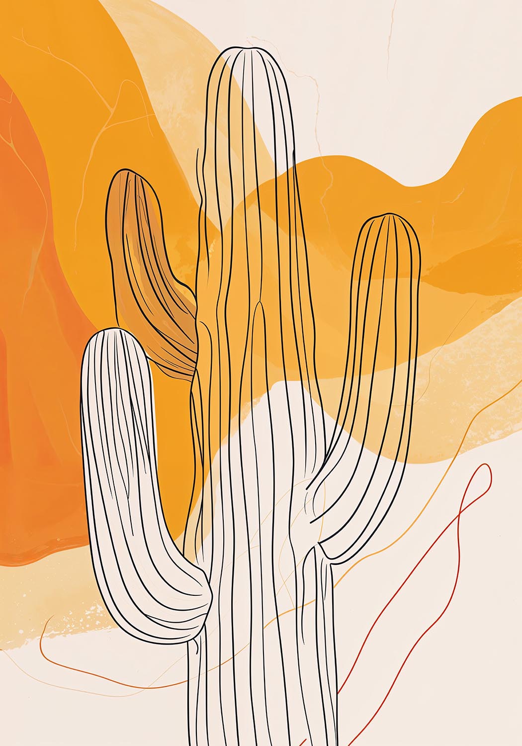 An abstract art poster featuring stylized line art of cacti set against a backdrop of warm amber and soft cream colors with subtle texture details.