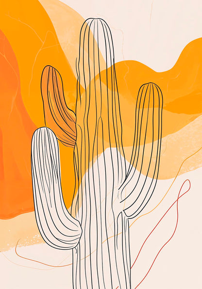 An abstract art poster featuring stylized line art of cacti set against a backdrop of warm amber and soft cream colors with subtle texture details.