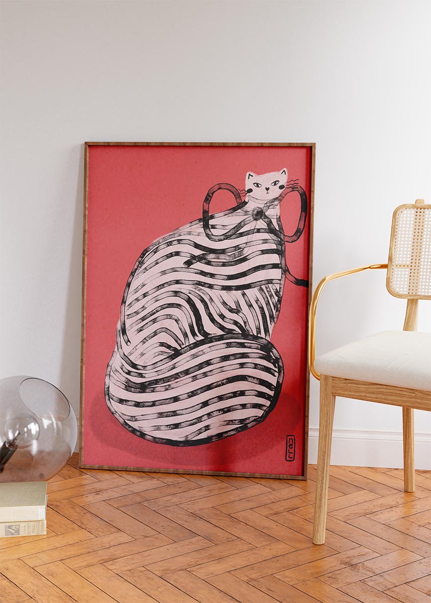 Black and White Stripe Cat Illustration Poster