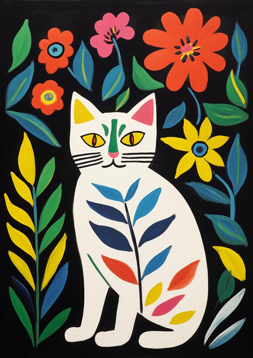 Colorful illustration of a cat surrounded by bright flowers, ideal for kids' rooms and nurseries.