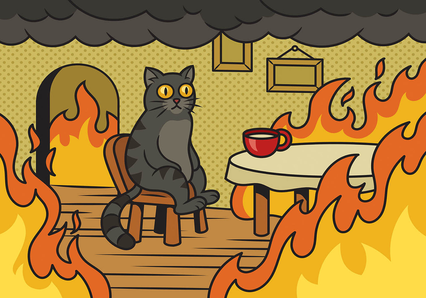Gray cat sitting unfazed on a chair with a red coffee cup on a table, as flames engulf the room, embodying the 'This is Fine' meme