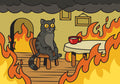 Gray cat sitting unfazed on a chair with a red coffee cup on a table, as flames engulf the room, embodying the 'This is Fine' meme