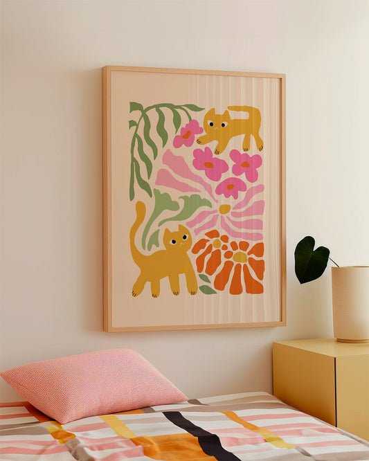 This poster features a whimsical design with two orange cats frolicking amidst vibrant flowers in shades of pink and orange; the minimalist style and bold, playful colors create a cheerful and lively atmosphere that is perfect for brightening up a child's room, a cozy living area, or a quirky office space.