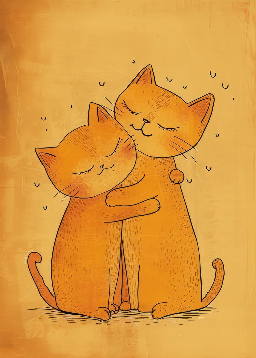 llustration of two orange cats hugging each other with closed eyes and content expressions, set against a warm yellow background, ideal for a child's room decor.