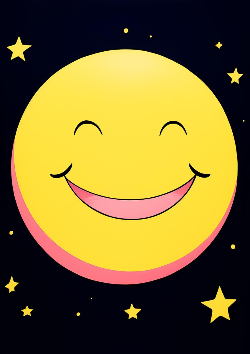 Smiling yellow moon with twinkling stars on a dark background, ideal for children's room decor.