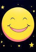 Smiling yellow moon with twinkling stars on a dark background, ideal for children's room decor.