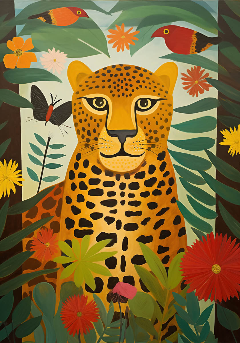 Illustration of a smiling leopard surrounded by colorful birds, butterflies, and tropical plants, perfect for kids' rooms and nurseries."