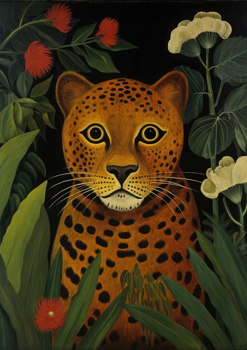 Illustrated cheetah with deep golden eyes surrounded by vibrant green leaves and exotic flowers, ideal for kids' room or nursery decor.