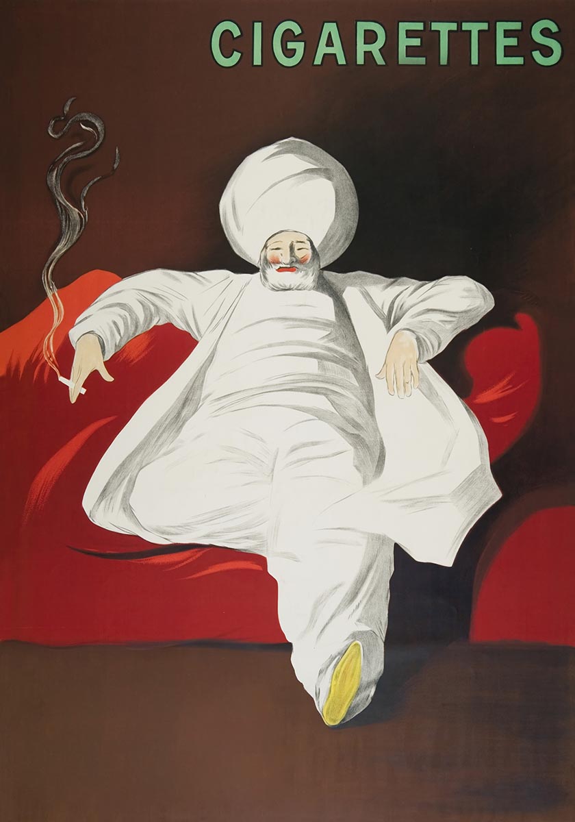 Vintage advertisement poster by Leonetto Capiello featuring a man in white attire with the word 'CIGARETTES' at the top.