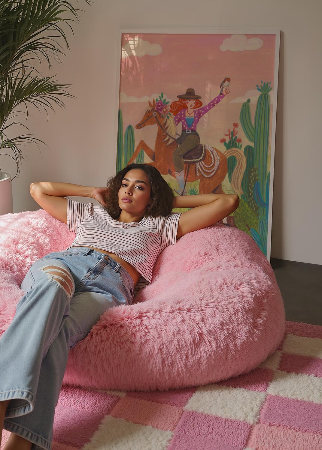 Illustration of a cowgirl riding a horse through a colorful desert landscape, created by Caroline Bonne Müller.