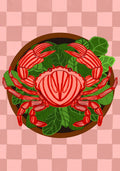Red crab on greens with pink checkered background – retro kitchen poster