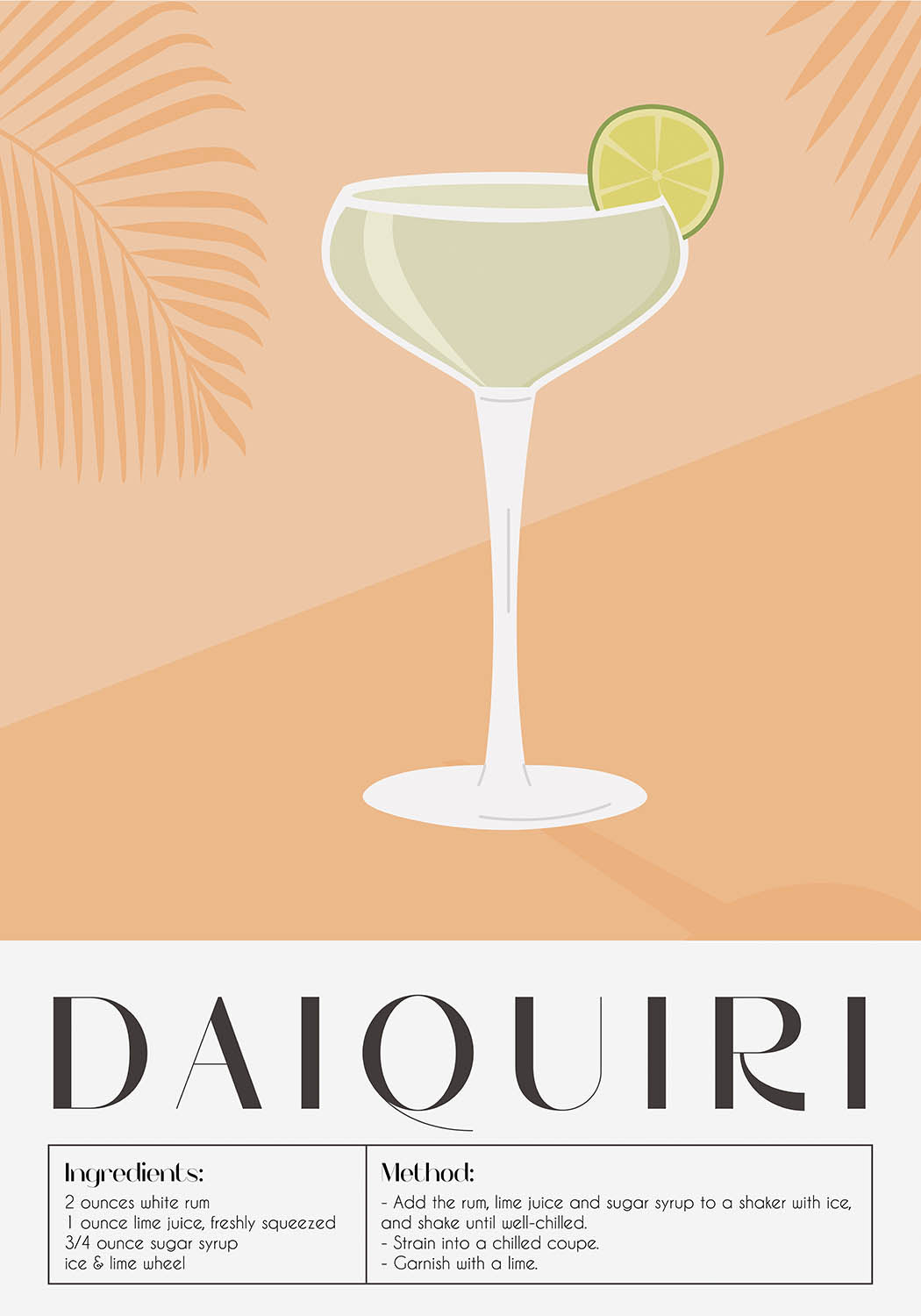 Stylish poster featuring a classic Daiquiri cocktail illustration with a lime wheel garnish, set against a peach backdrop with a subtle palm leaf pattern