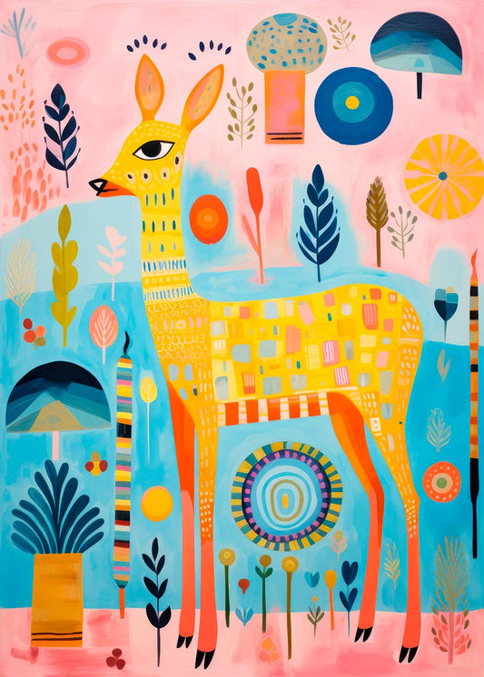 Colorful deer illustration with abstract patterns, surrounded by pastel foliage and elements, ideal for children's nursery decor.