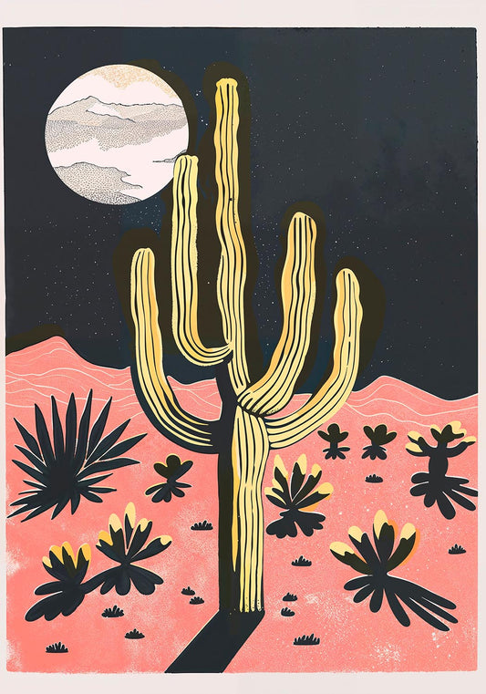 A poster depicting a stylized desert scene at night, with a prominent saguaro cactus in the foreground and various smaller desert plants around. A large, textured full moon hangs in the star-speckled navy sky above rolling pink hills. The artwork features a palette of deep blues, vibrant yellows, and muted pinks, creating a serene nocturnal landscape.