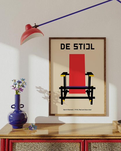 De Stijl red and blue chair poster